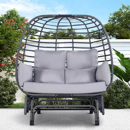Outdoor Double Egg Chair Patio Chairs for Two People 500lbs Capacity Oversized Wicker Rocking Glider Chair with Steel Stand