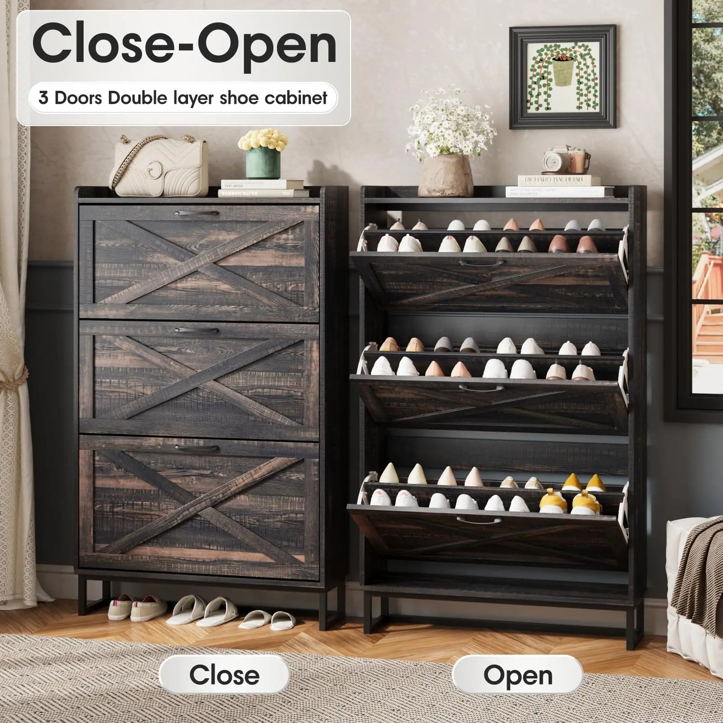 Modern Shoe Cabinet with 3 Flip Drawers for Entryway Storage