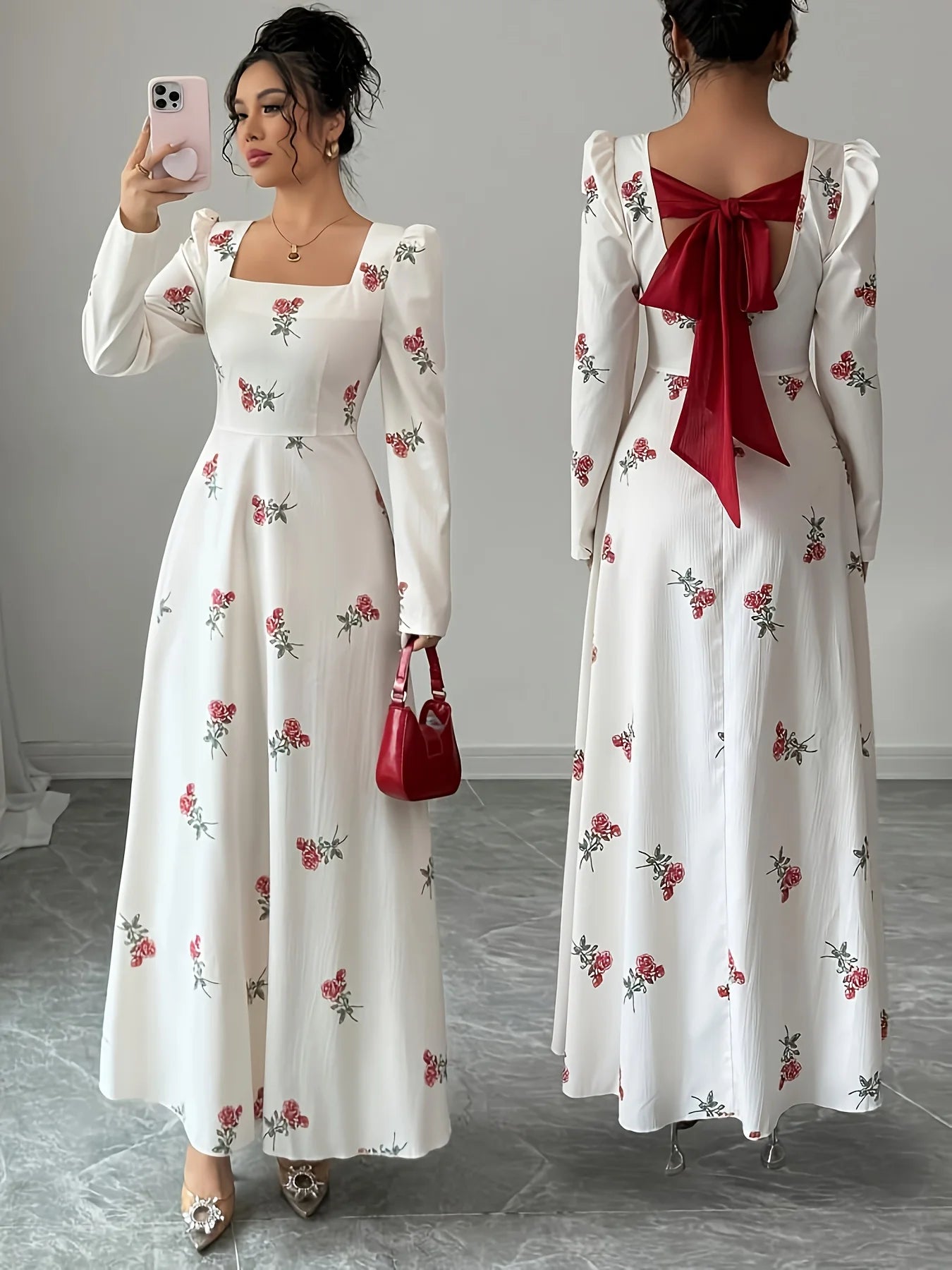 Elegant White Rose Print Prom Dress with Bow and Long Sleeves