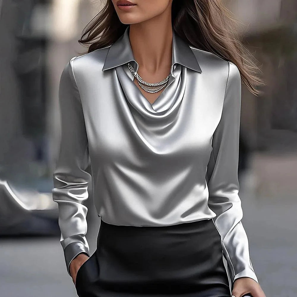 CN Fujian Satin Shirt Blouse V Neck Long Sleeve Office