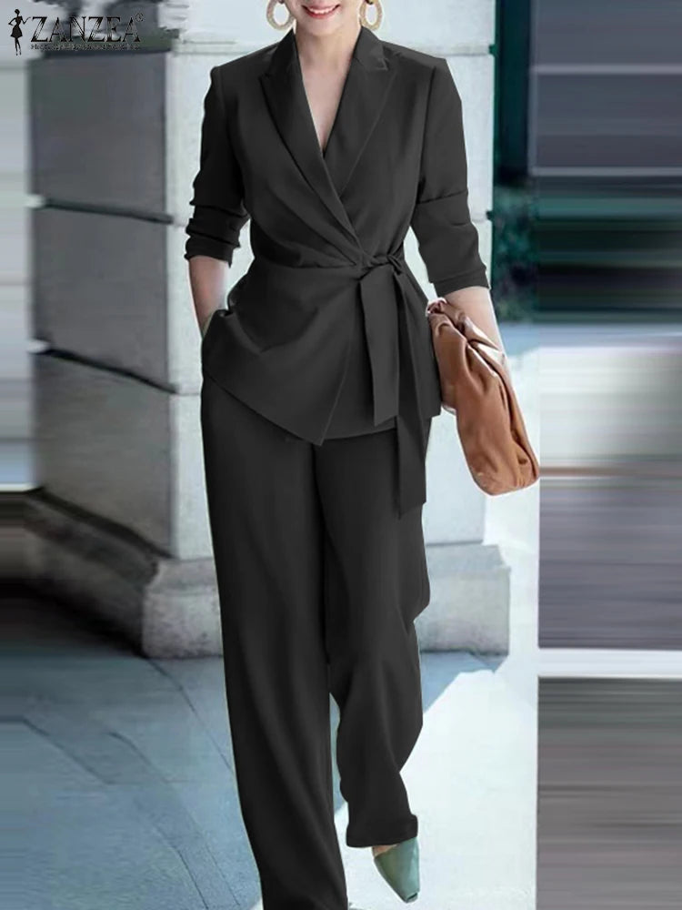 ZANZEA Office Lady Blazer Suit Set For Women Tied Waist Top And Pants 2 Piece Versatile Everyday Office Wear