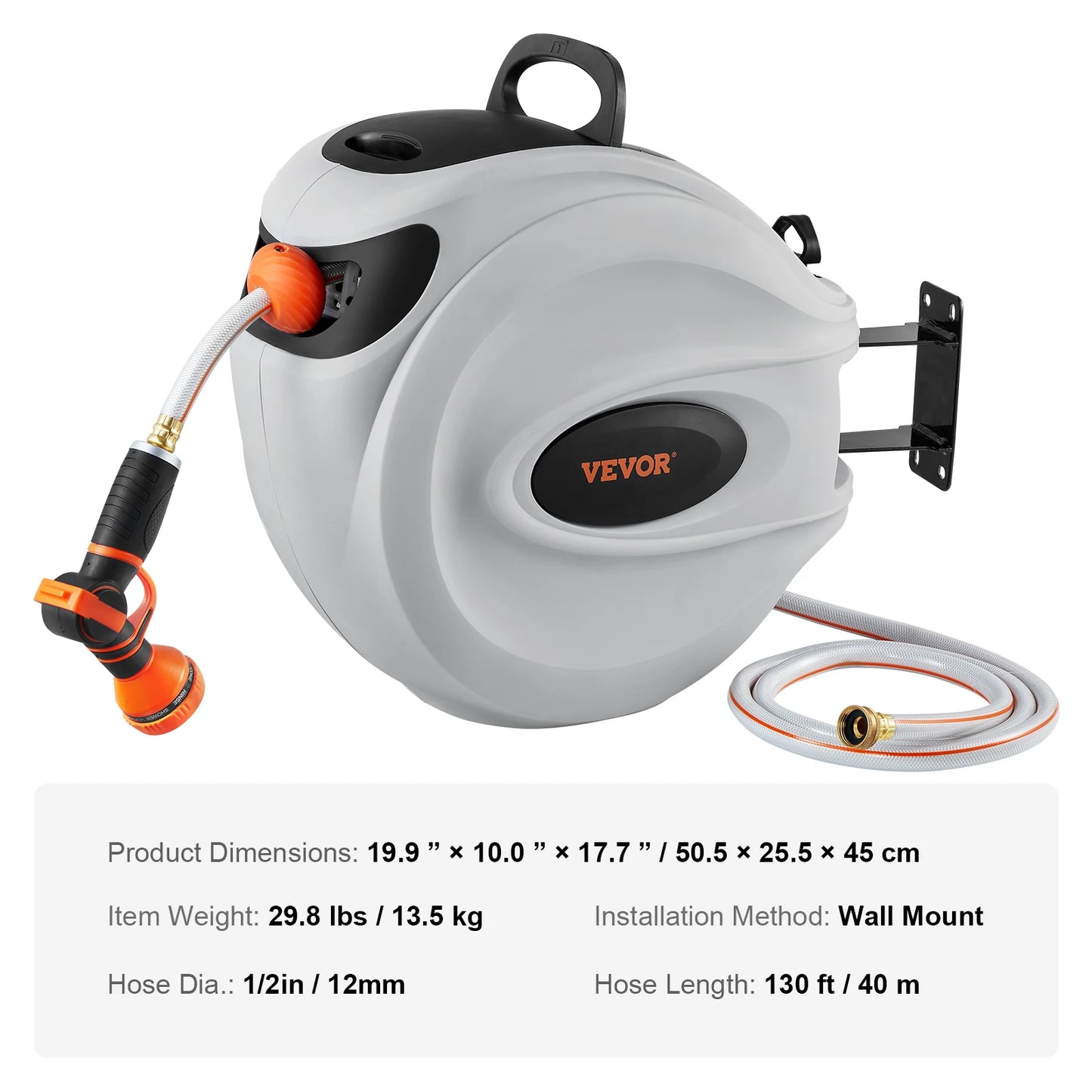 SucceBuy Retractable Hose Reel 180 Degree Swivel Bracket Wall Mounted Garden Water Hose Reel with 9 Pattern Nozzle Automatic Rewind
