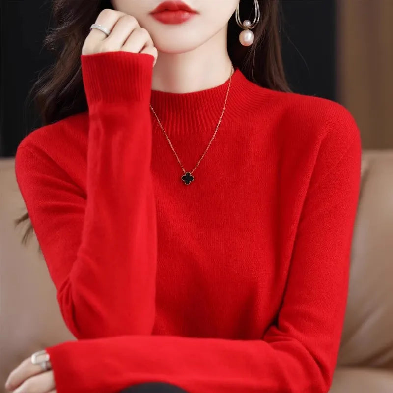 Kannisak Women Half High Collar Knit Sweater Long Sleeve