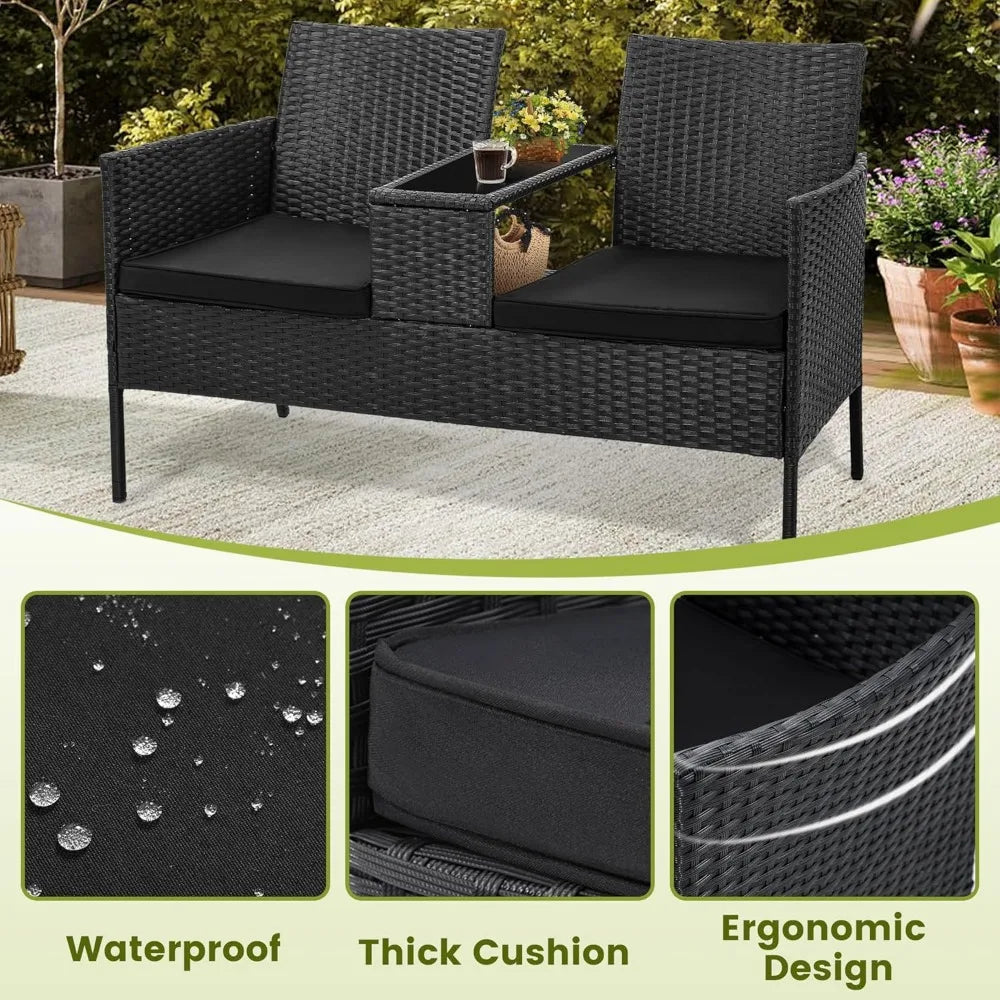 2 Seat Patio Conversation Set Outdoor Rattan Loveseat with Table Washable Cushion Covers Garden Furniture Sets
