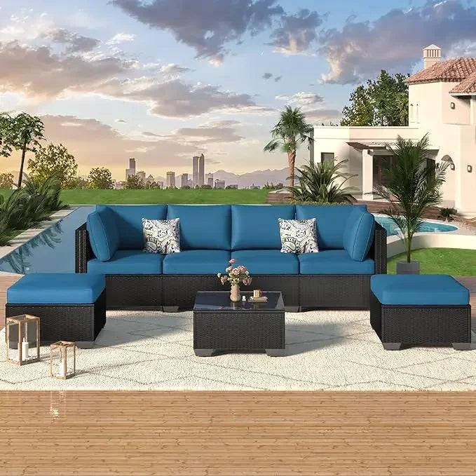 7 Piece Outdoor Patio Furniture Set PE Rattan Grey Wicker Sectional Chair Set with Cushion