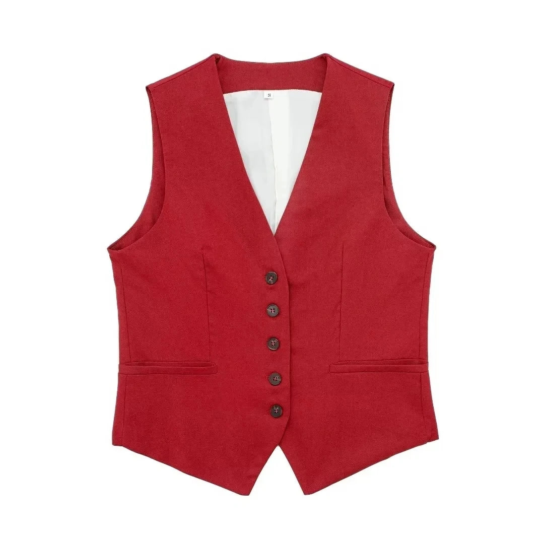 TRAFZA Women Casual Vintage Pant Suit Vest Shorts Set
