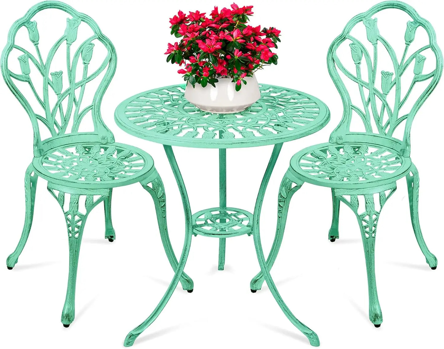 3 Piece Outdoor Rust Resistant Cast Aluminum Patio Bistro Set with Tulip Design Teal