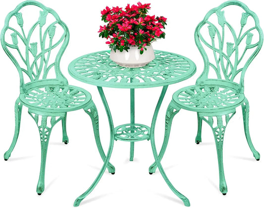 3 Piece Outdoor Rust Resistant Cast Aluminum Patio Bistro Set with Tulip Design Teal