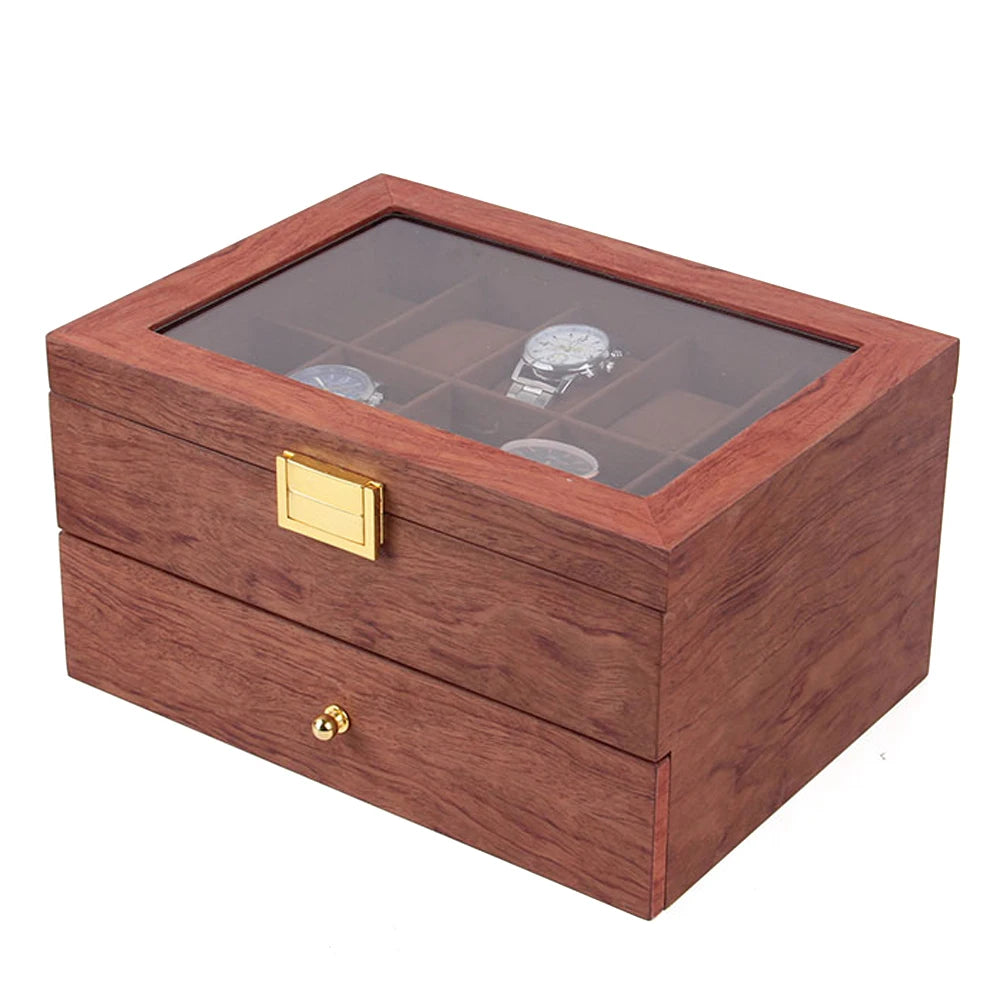 Elegant 2-Tier Wooden Watch Box with Glass Cover and Compartments