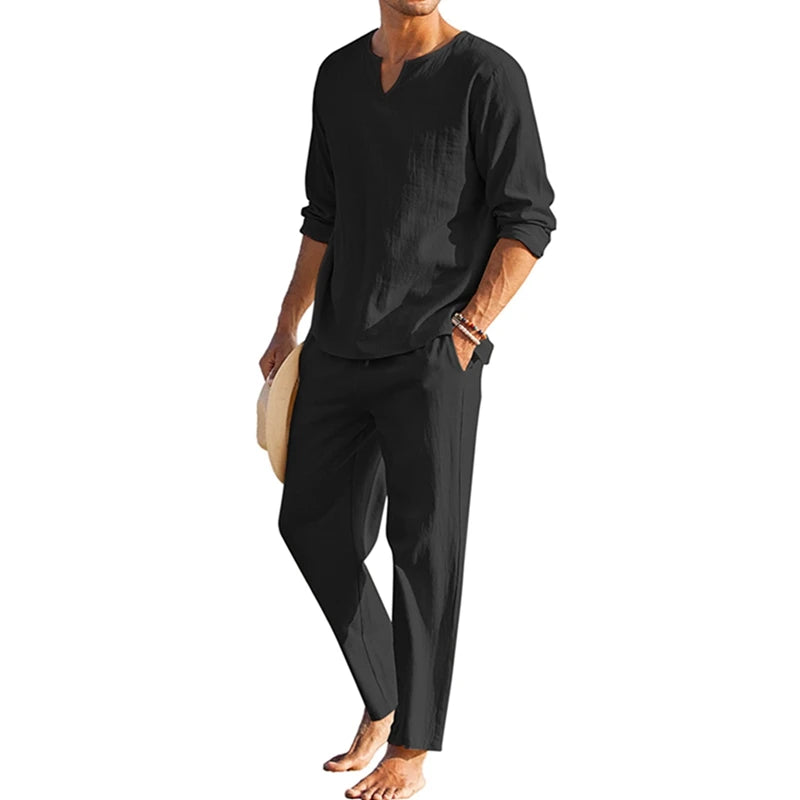 Guangdong Men's Summer Cotton Linen 2 Piece Loungewear Set