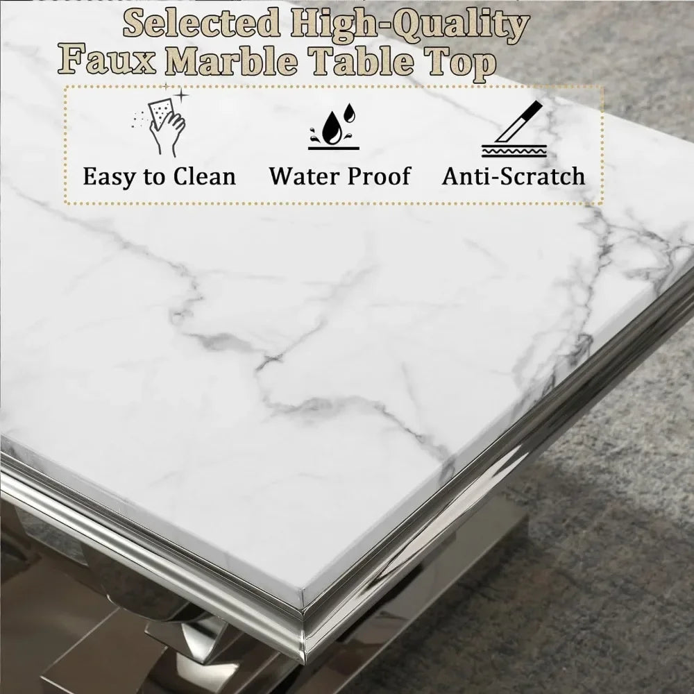 47 Inch Rectangular Coffee Table Modern White Faux Marble Cocktail Table with Silver Mirrored Finish U Shape Stainless Steel Base