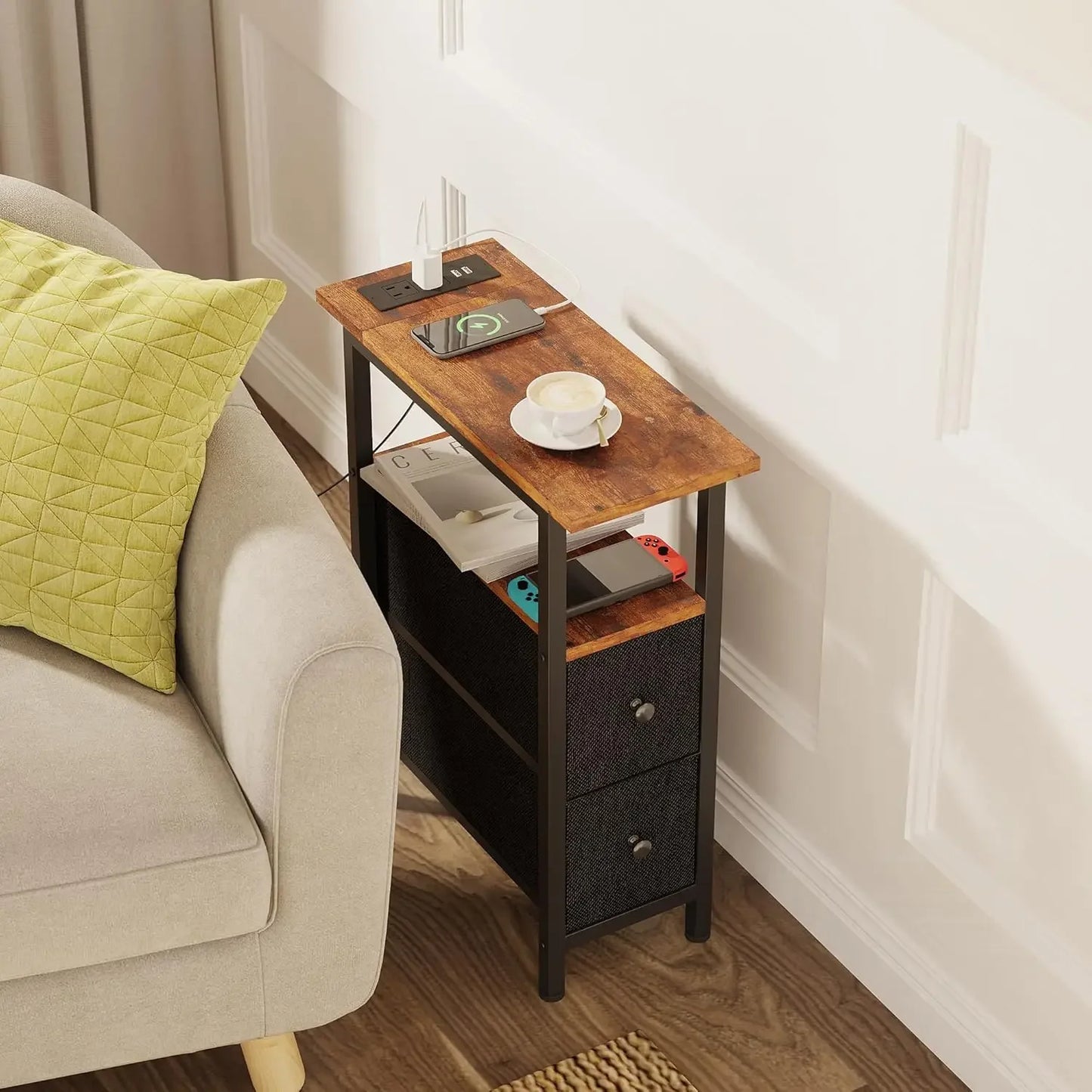 Slim Side Table with Two Fabric Drawers and LED Lights for Bedroom and Living Room