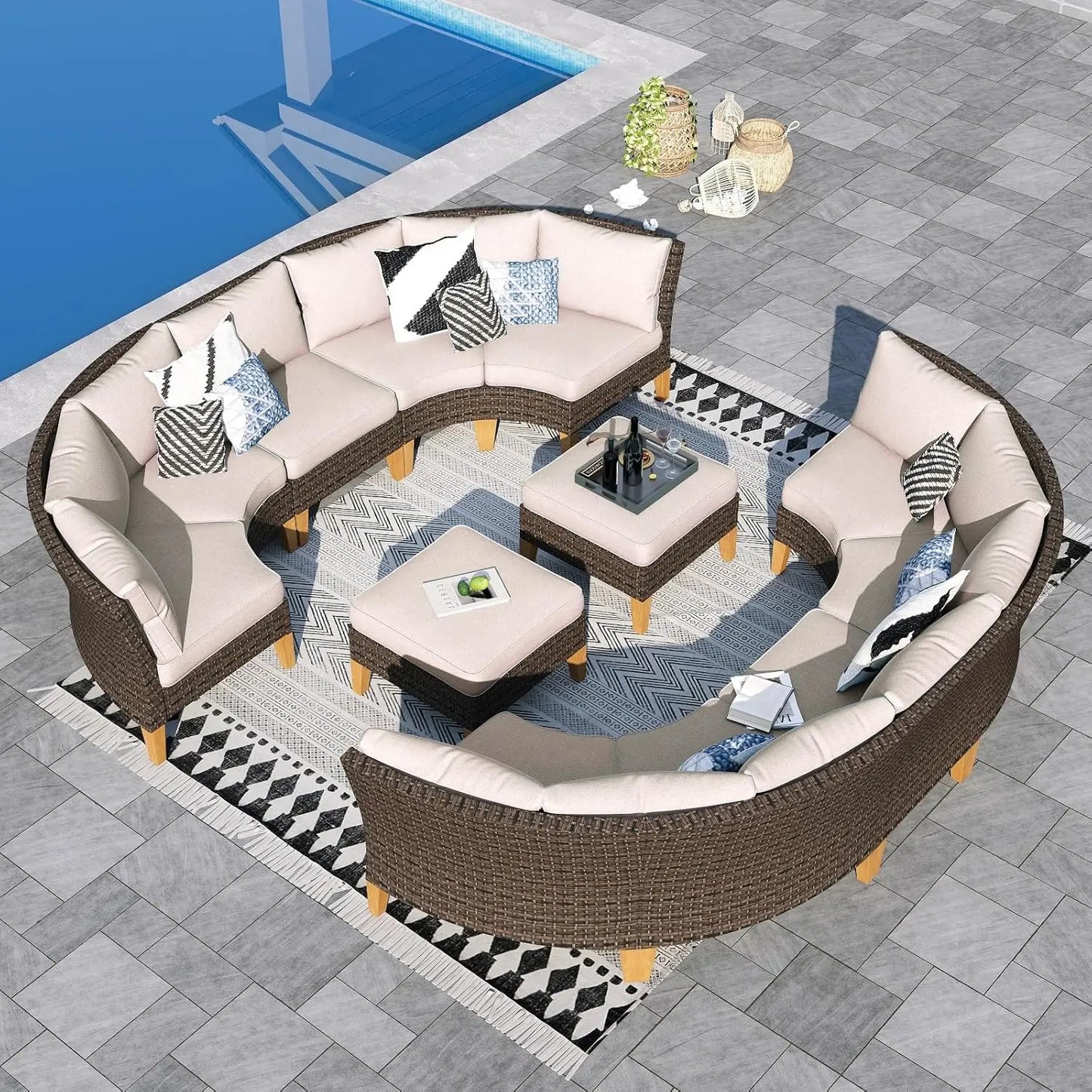 12 Piece Curved Outdoor Sectional Sofa Set Rattan Patio Conversation Set Beige