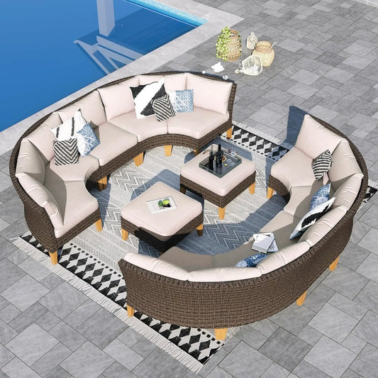 12 Piece Curved Outdoor Sectional Sofa Set Rattan Patio Conversation Set Beige