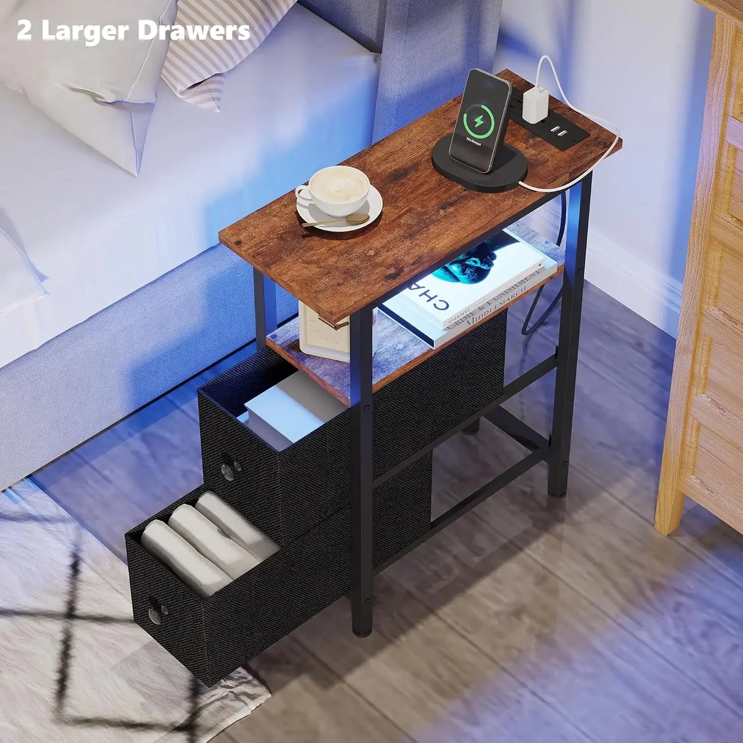 Slim Side Table with Two Fabric Drawers and LED Lights for Bedroom and Living Room