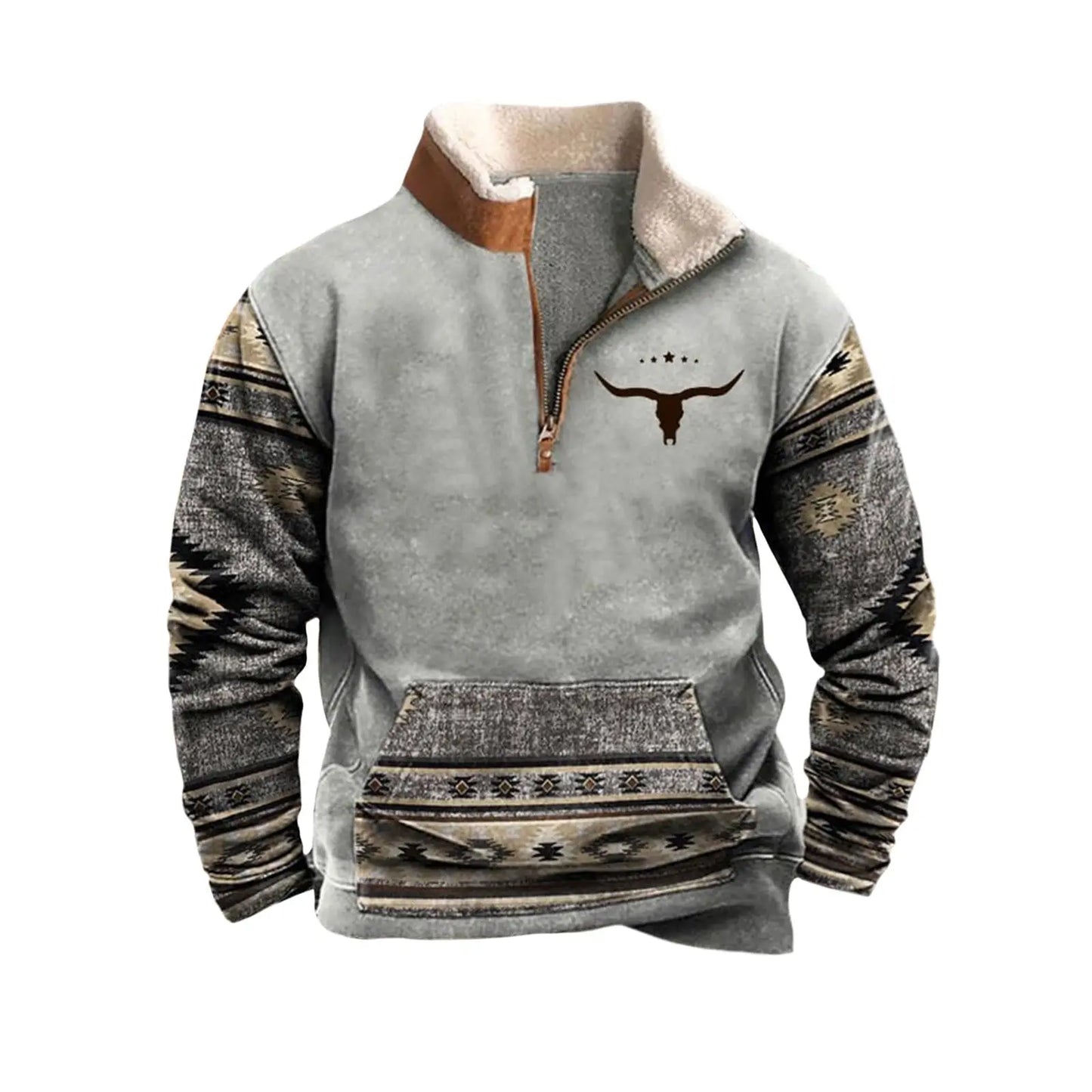 Mens Cowboy Sweatshirt Vintage Aztec Print Fleece Hoodie