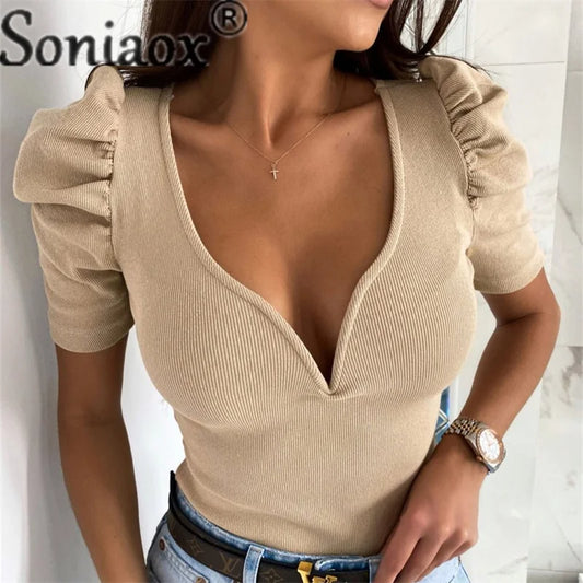 Soniaox Slim Fit V Neck Bubble Sleeve Blouse