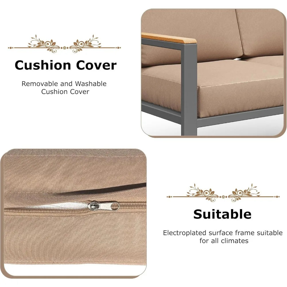 ANGDUO Patio Furniture Set With Fire Pit Table Outdoor Metal Sectional Cushions Wood Like Armrests