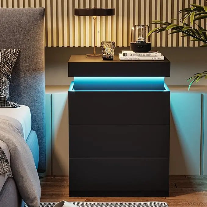 Modern Nightstand with Charging Station and LED Lighting Options