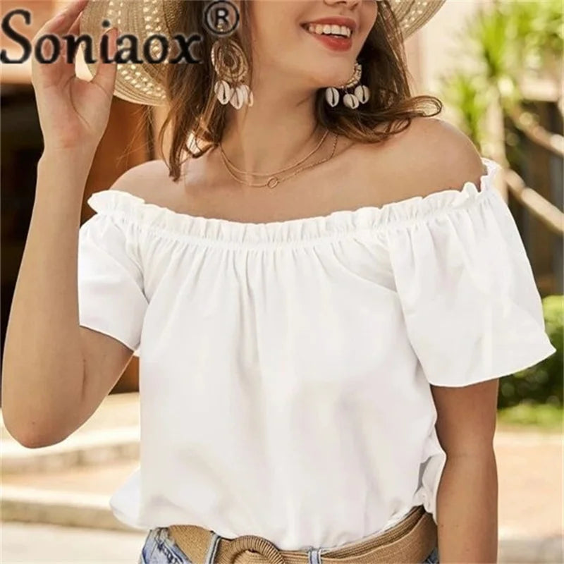 Soniaox Off Shoulder Pleated Shirt With Short Sleeves Summer