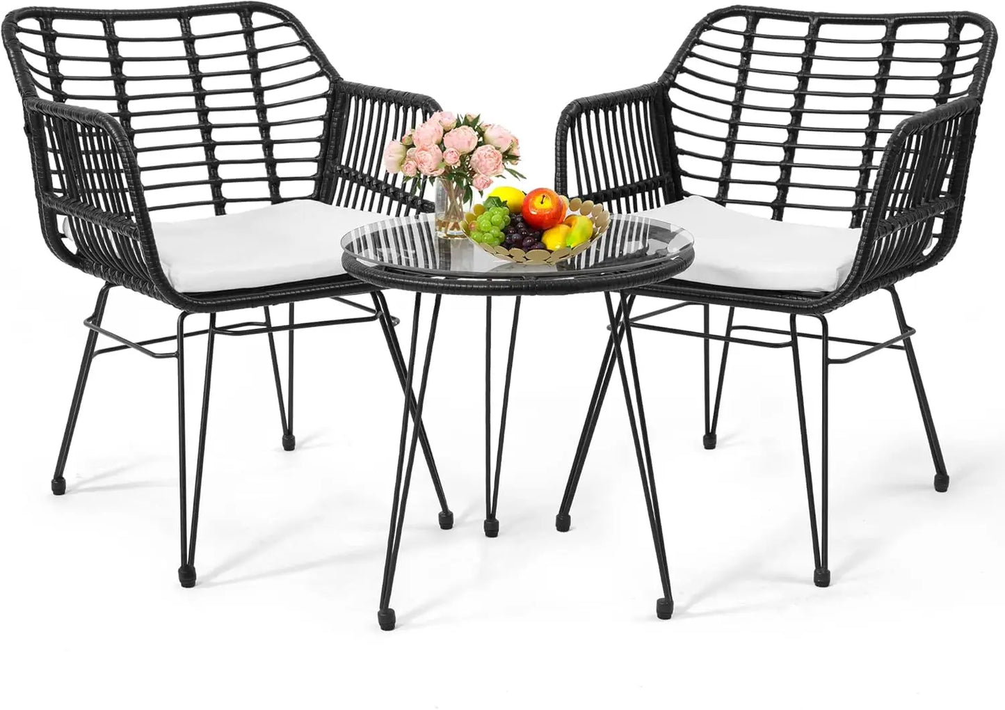 5 Piece Wicker Bistro Patio Conversation Furniture Set with 2 Chairs 2 Ottomans and Side Table for Porch and Balcony