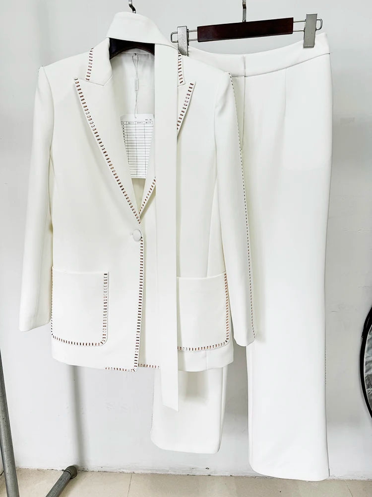 High Street Women's Designer Beaded Blazer Pants Suit Set