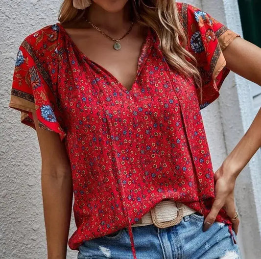 HEYTOAICN Summer Floral Blouses Women V Neck Short Sleeve
