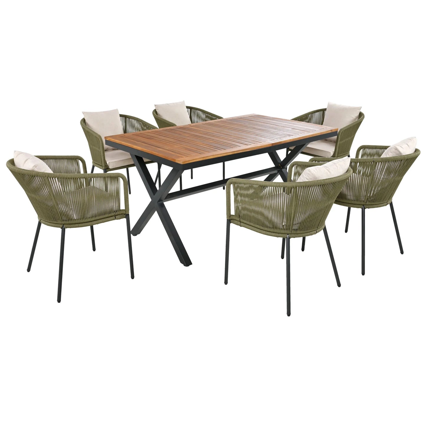 7 Pieces Patio Dining Set All Weather Outdoor Furniture Set with Acacia Wood Tabletop and Metal Frame