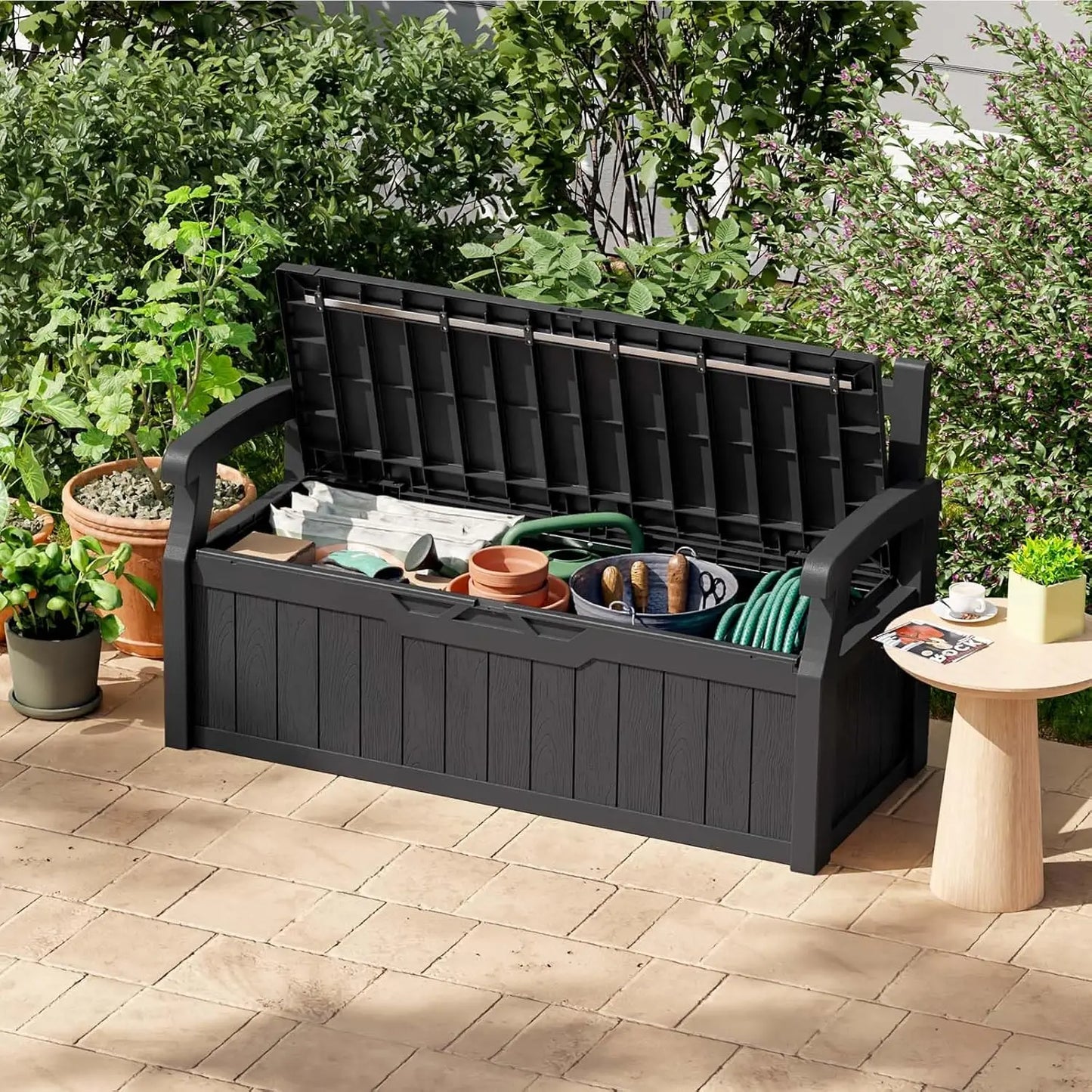 XMSJ 70 Gallon Plastic Storage Bench Water Resistant Deck Box for Patio Furniture Garden Tools Pool Outdoor