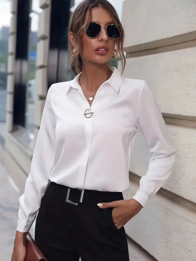 RibbonFishCN Women Blouses Long Sleeve Turn Down Collar