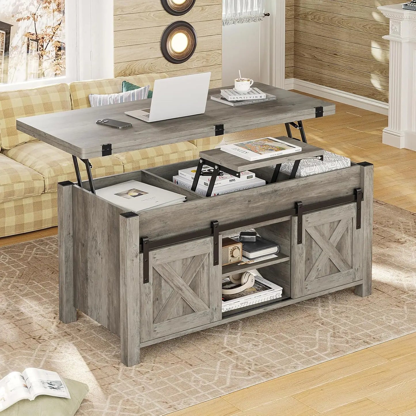 Lift Top Coffee Table 4 in 1 Multi Function Convertible Coffee Tables with Storage and Hidden Compartment Farmhouse Design