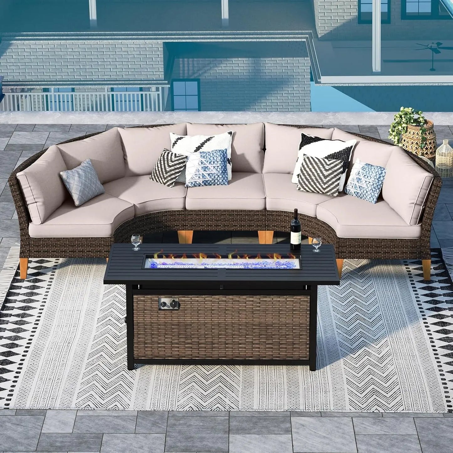 12 Piece Curved Outdoor Sectional Sofa Set Rattan Patio Conversation Set Beige