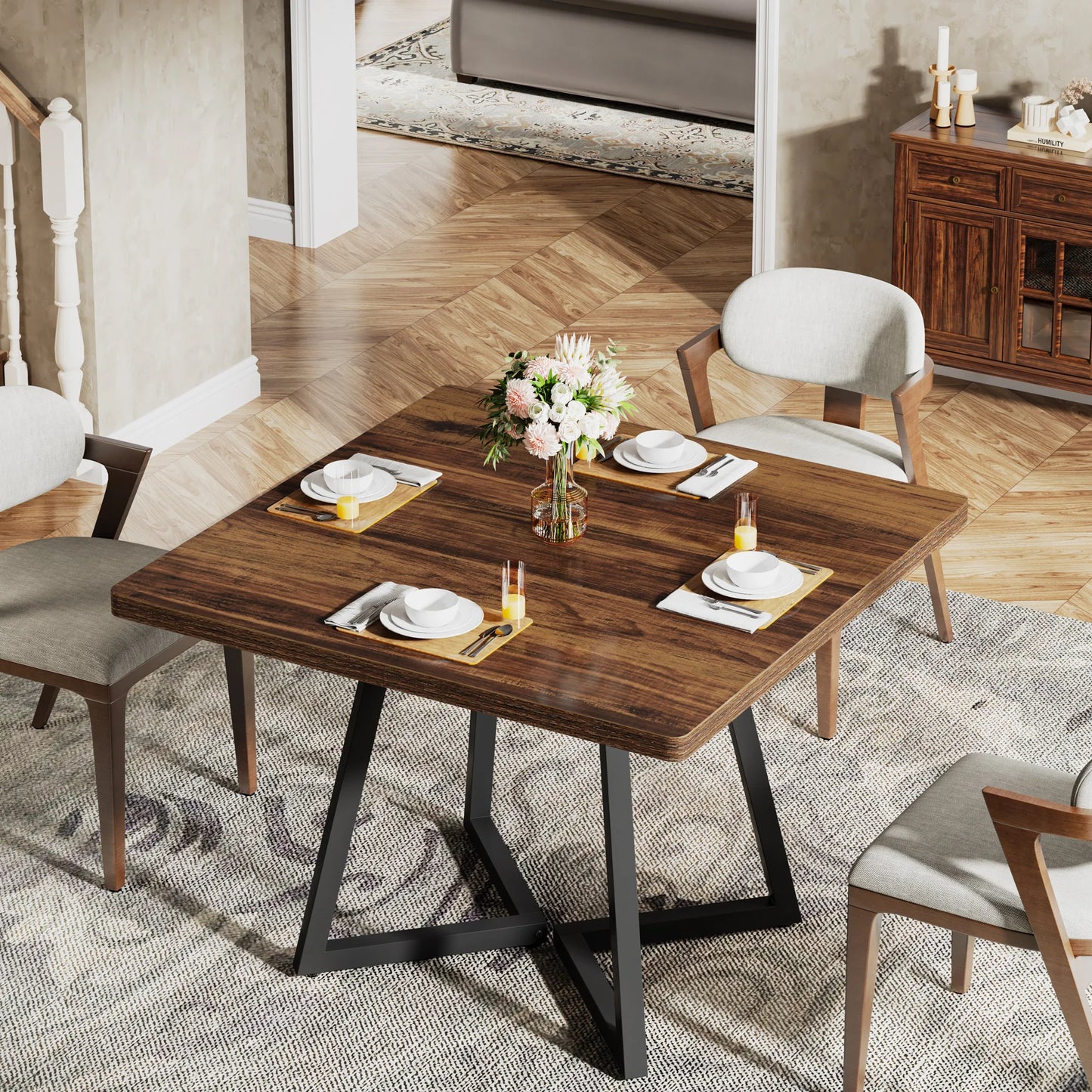 Tribesigns Square Dining Table For Four Industrial Wood