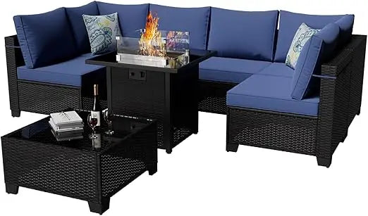 8 Pieces Outdoor Sectional Furniture Rattan Wicker Patio Sofa Couch with 28 Inch Gas Fire Pit Table Conversation Set for Backyard