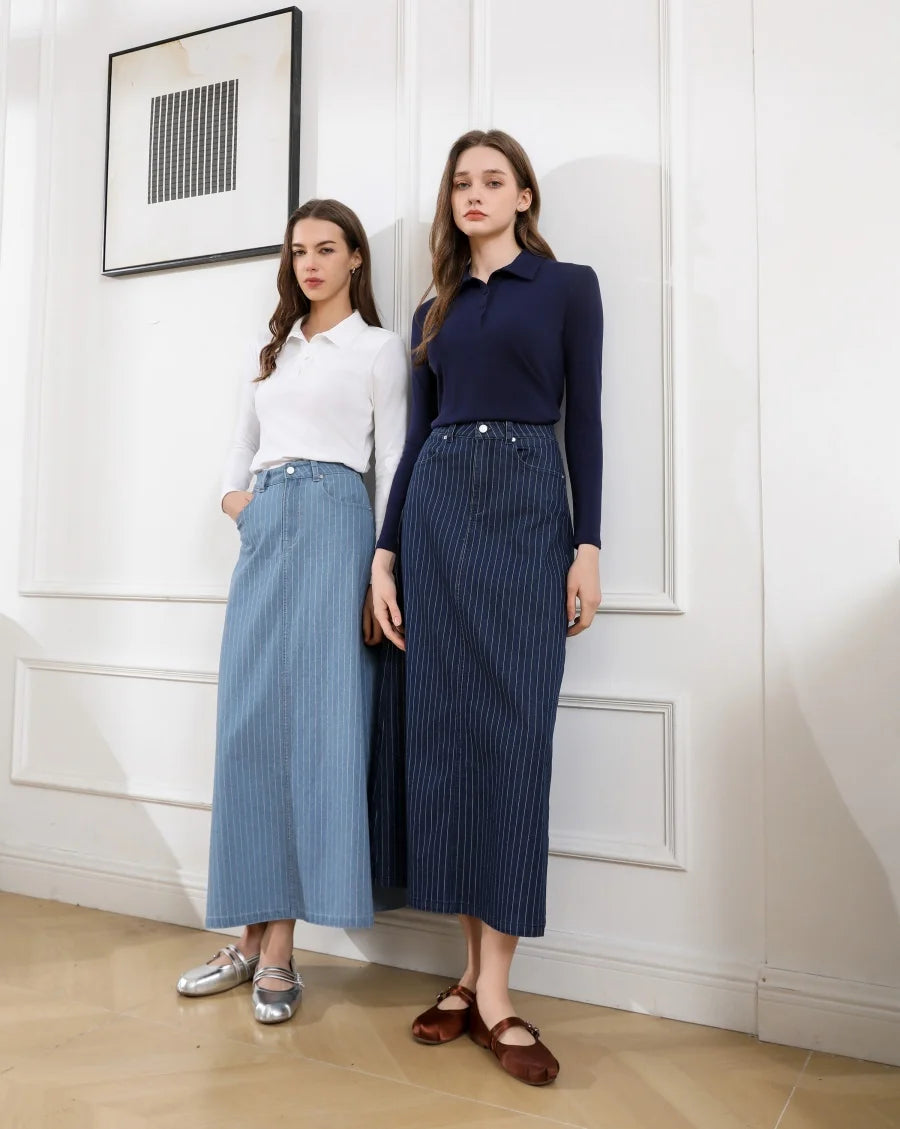 Trendy Pinstripe Denim Skirt for Stylish Women Fashion
