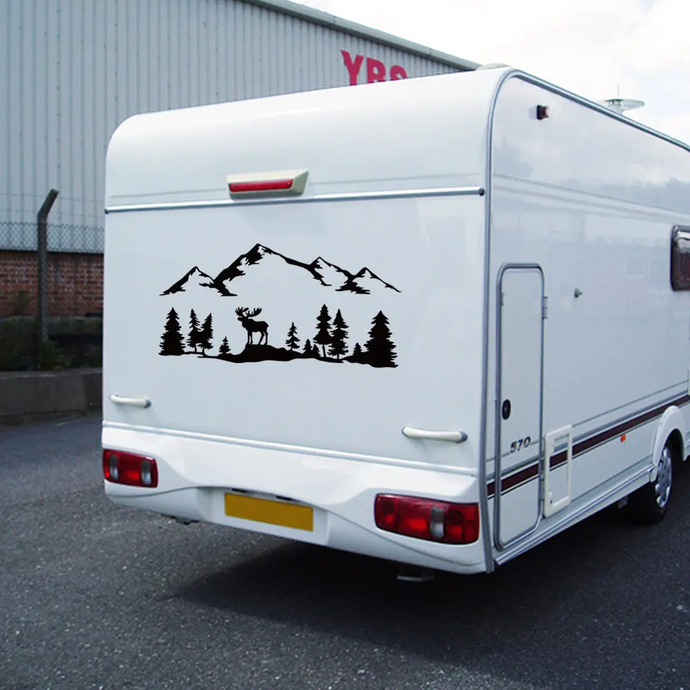 Car Stickers For Motorhome Horsebox Caravan RV Camper Van Outdoor Graphics Moose Trees Forest Mountain Silhouette Decal