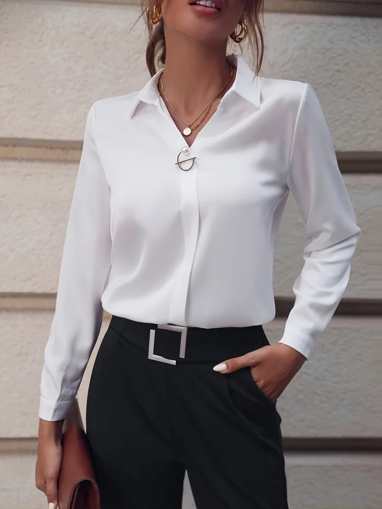 RibbonFishCN Women Blouses Long Sleeve Turn Down Collar