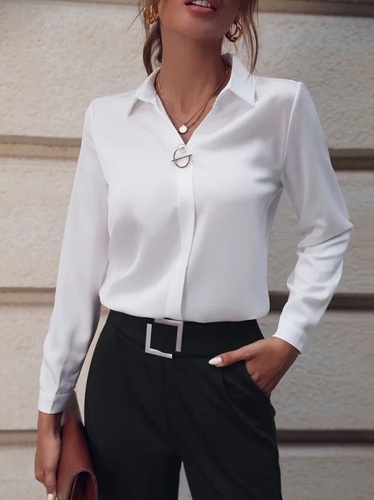 RibbonFishCN Women Blouses Long Sleeve Turn Down Collar