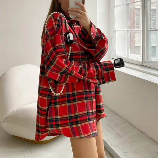 FSMGCN Versatile Plaid Shirt For Women Oversized Blouse