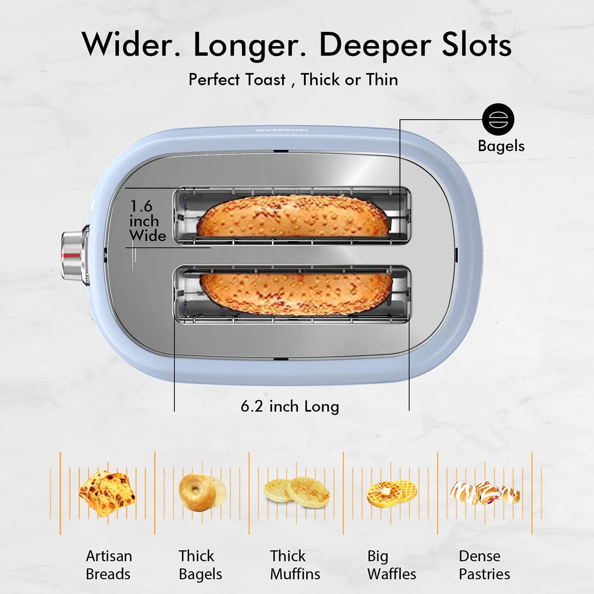 2 Slice Toaster with 1.5 Inch Extra Wide Slots Removable Crumb Tray Six Browning Settings Auto Shut Off and Frozen Function Blue