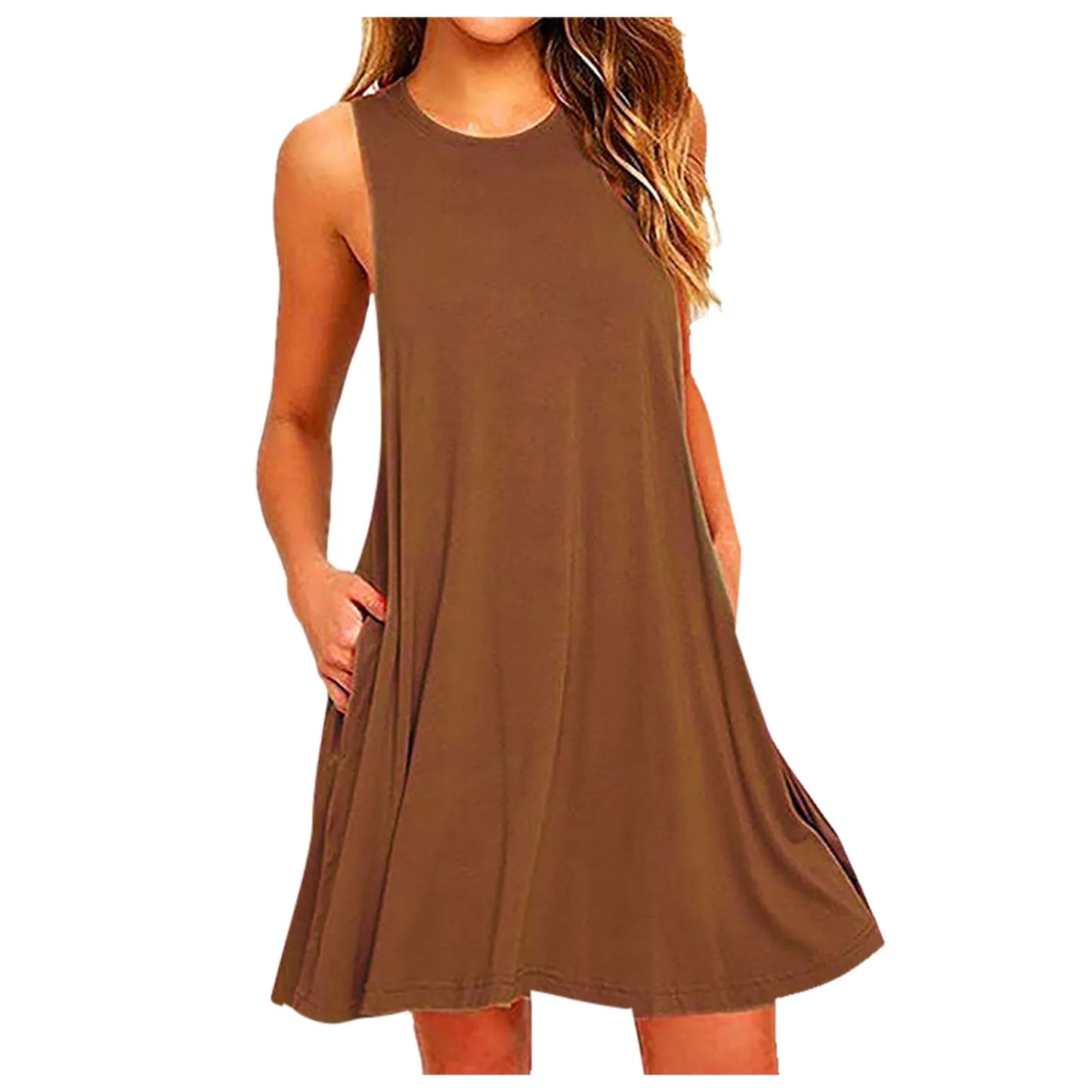 Women Summer Casual Pleated Tank Dress with Pockets