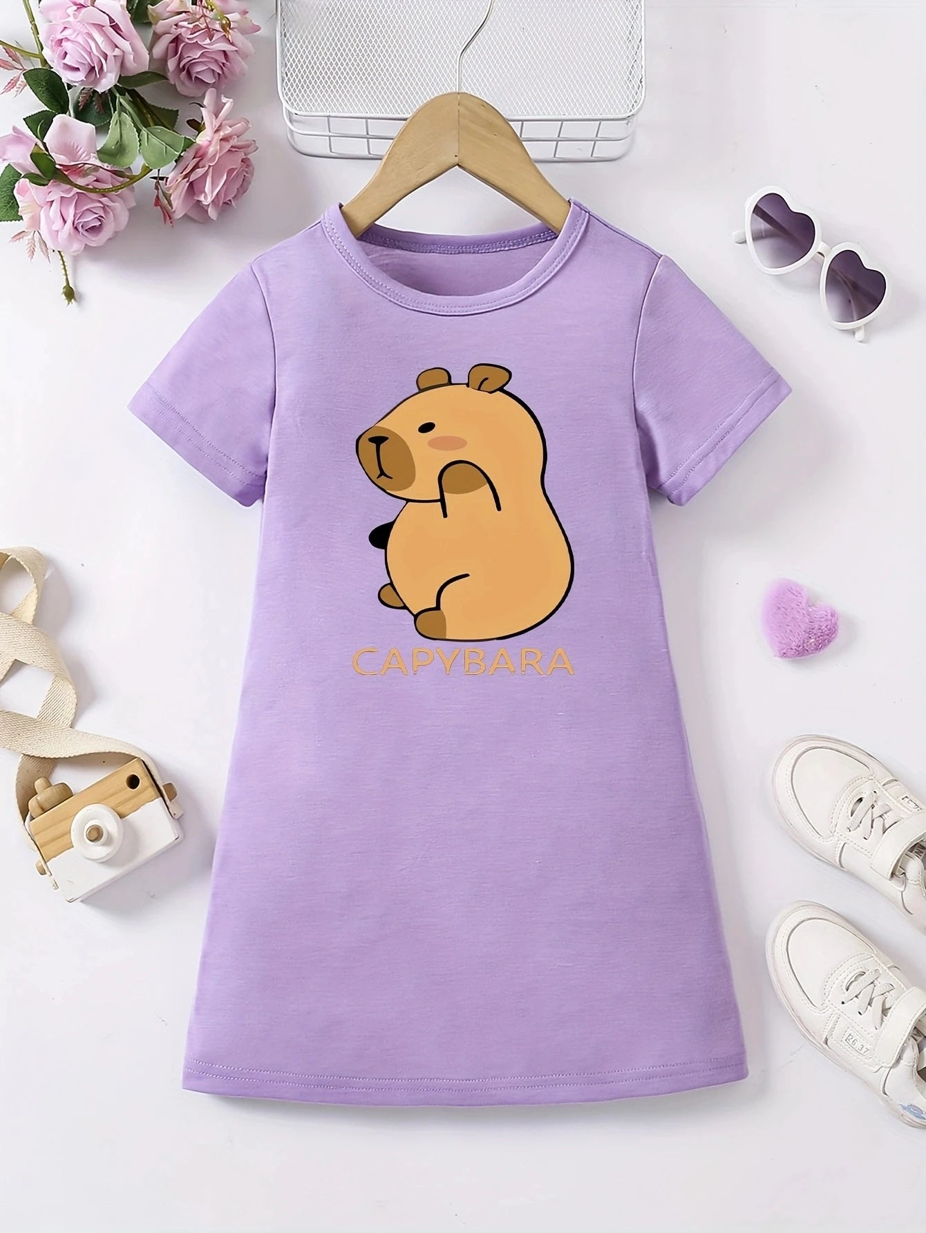 Girls Casual Dress with Capybara Cartoon Animal Print