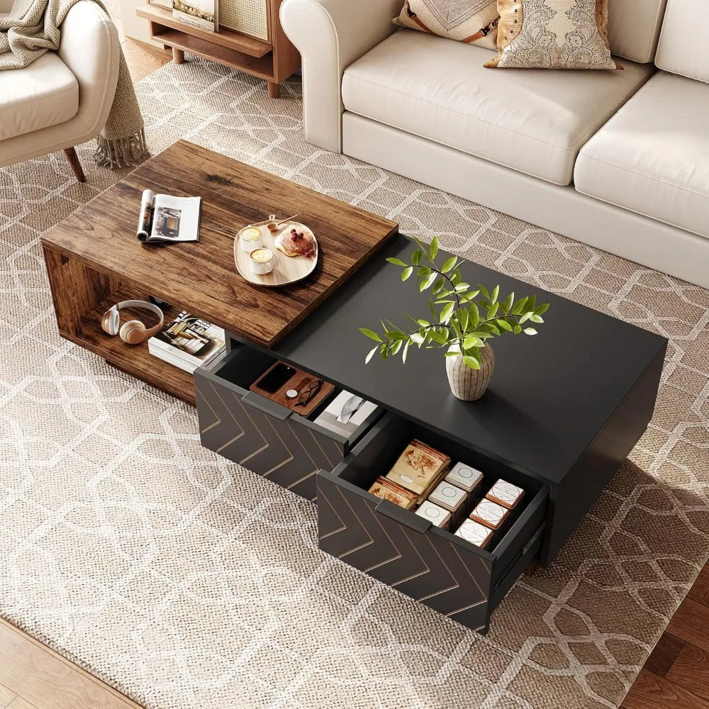 Expandable Premium ExtraDurable Solid Wood Coffee Table WithDualDrawersAndStorage