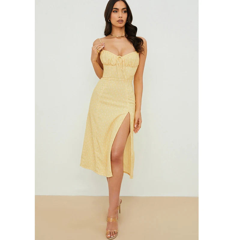 Elegant Floral Summer Suspender Dress with Side Slit