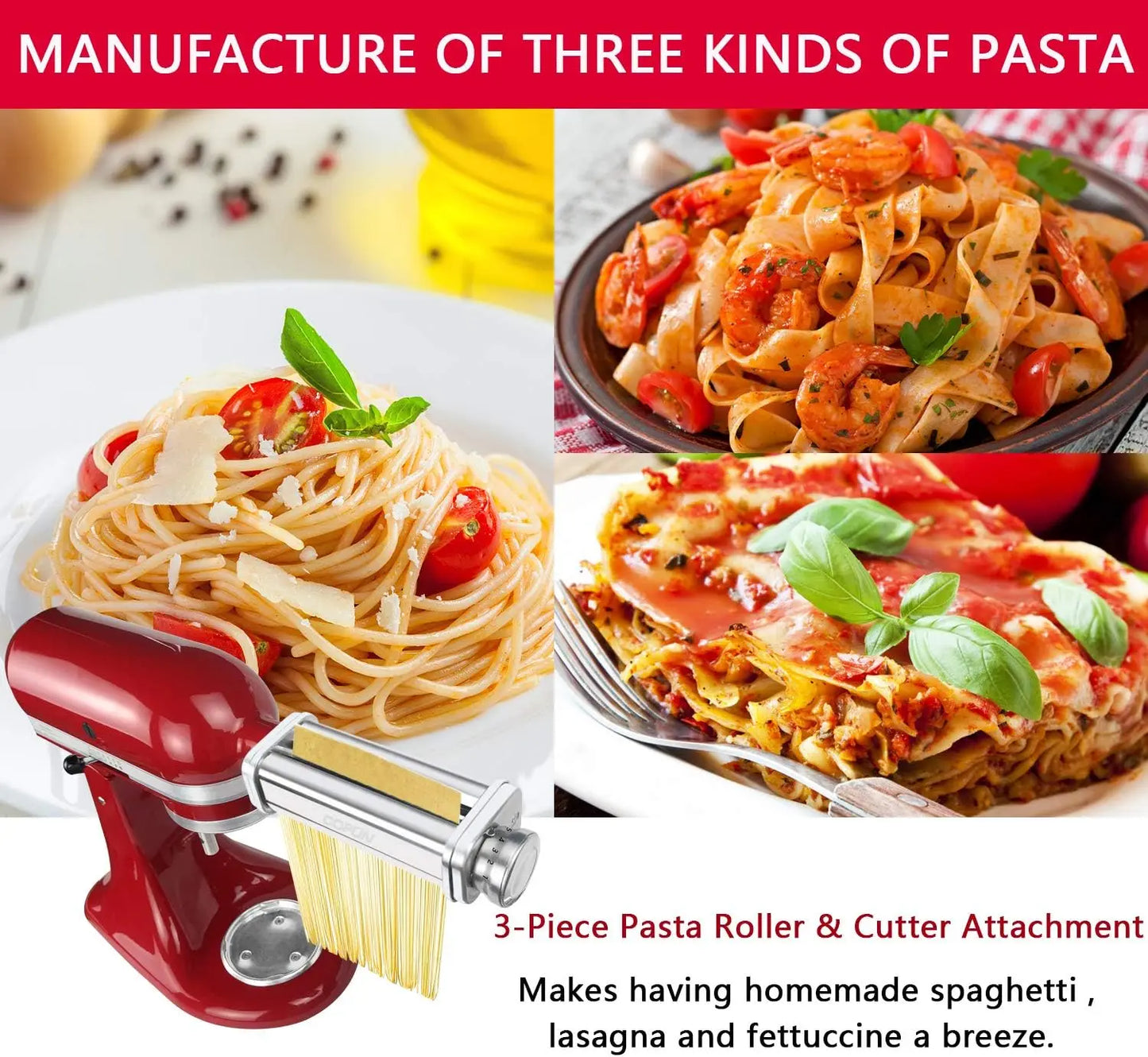 Pasta Attachment for KitchenAid Mixer with Sheet Roller and Cutter