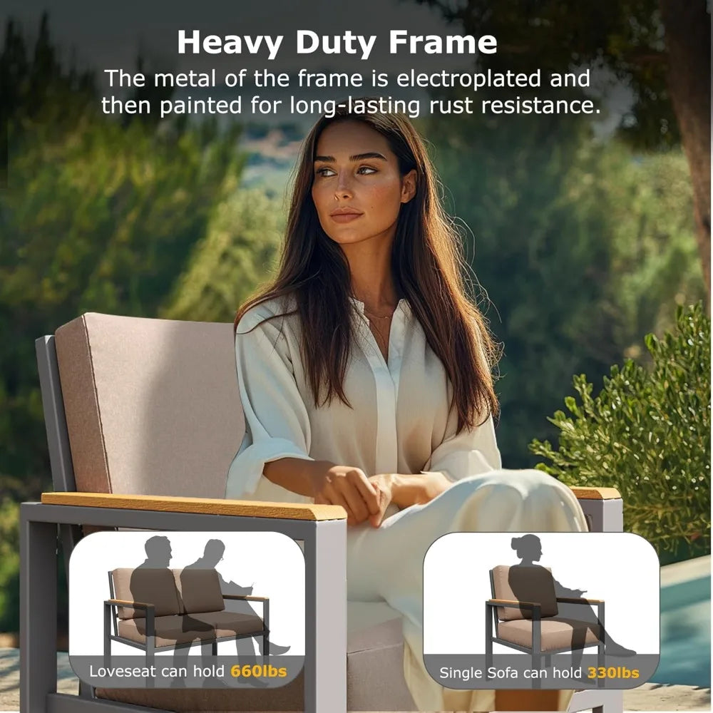 ANGDUO Patio Furniture Set With Fire Pit Table Outdoor Metal Sectional Cushions Wood Like Armrests