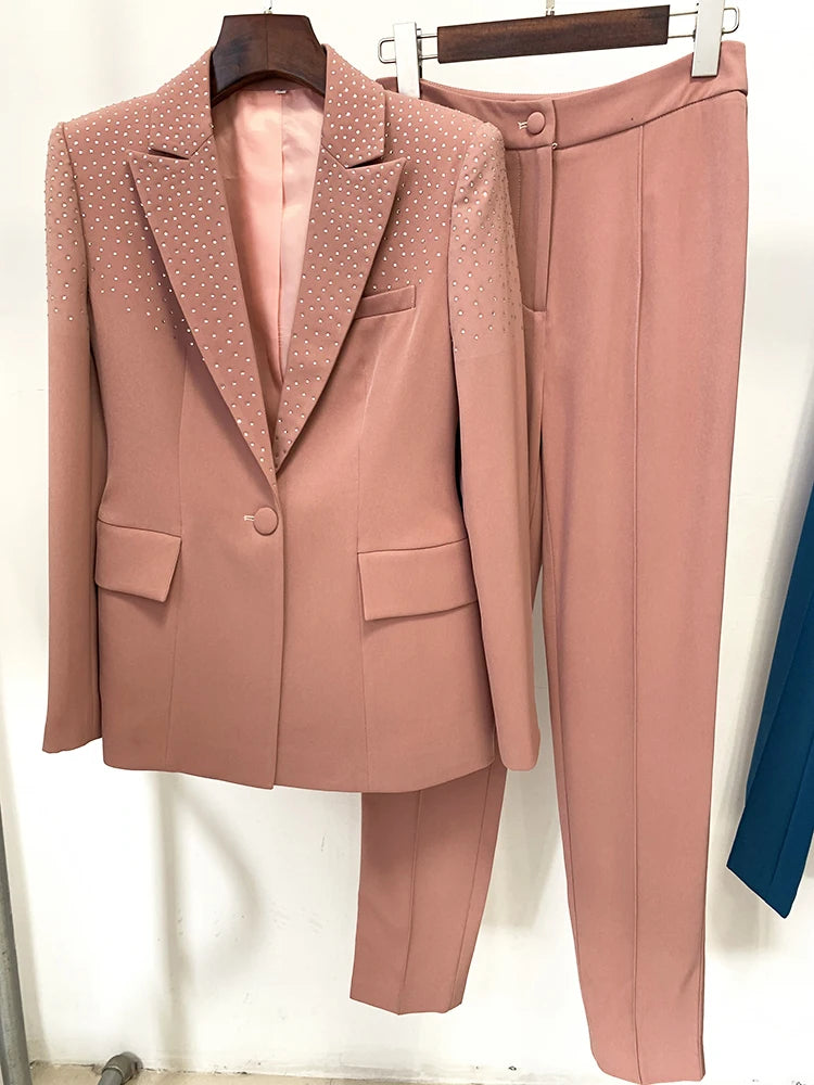 Elegant Women's Designer Suit Set with Beaded Blazer and Pants