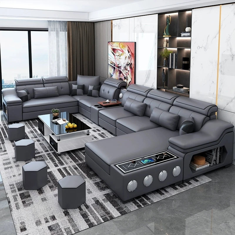 Modern Sectional Sofa Set with Bluetooth Speakers and USB Ports