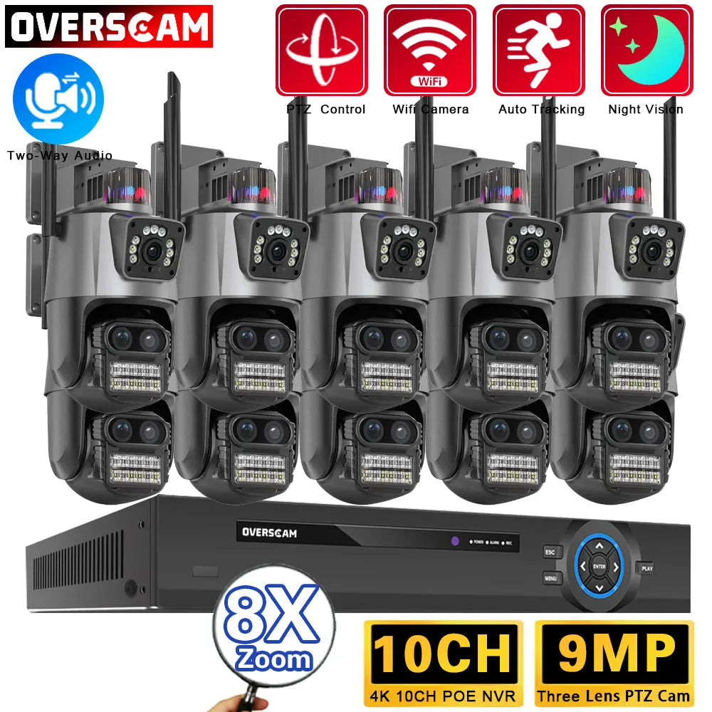 9MP Three Lens 8X Zoom WiFi PTZ XMEYE 10CH POE NVR Surveillance System with Two Way Audio CCTV Security Camera Video Surveillance Kit