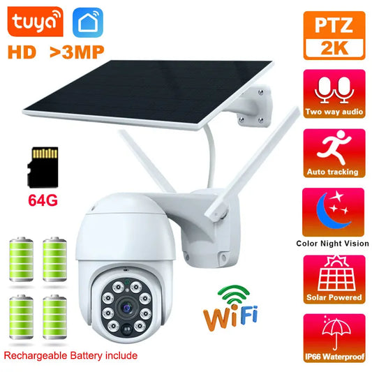 Tuya WiFi 3MP Solar Camera 10000mAh Battery Wireless PTZ Outdoor PIR Monitoring AI Human Tracking Night Vision CCTV